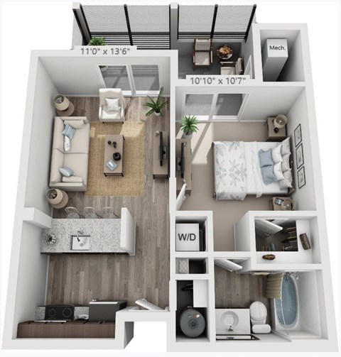 Floor plan for 1 bed, 1 bath, 550 sqft